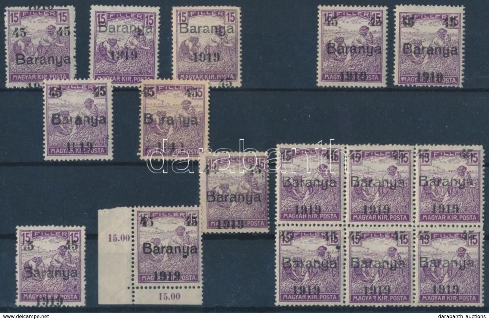 ** * Baranya I. 1919 Arató 45f/15f Bélyegekből összeállítás Nyomási Eltérésekkel, Elcsúszásokkal, Hiányzó Számokkal, Bet - Other & Unclassified