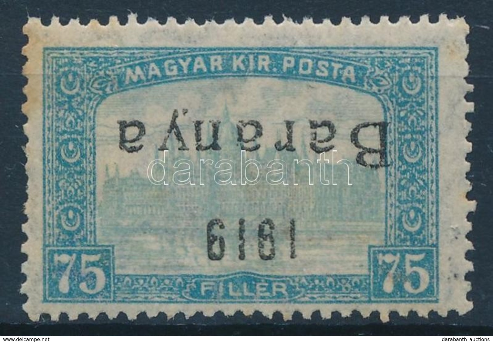 * Baranya I. 1919 Parlament 75f Fordított Felülnyomással (22.000) / Mi 28 Inverted Overprint. Signed: Bodor (rozsda / St - Autres & Non Classés