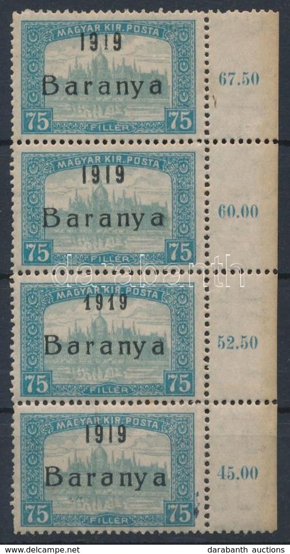 ** Baranya I. 1919 Parlament 75f 4-es Csík Klf Felülnyomással: Normál, Rövidebb Második Egyes, Antikva / Mi 28 Stripe Of - Autres & Non Classés