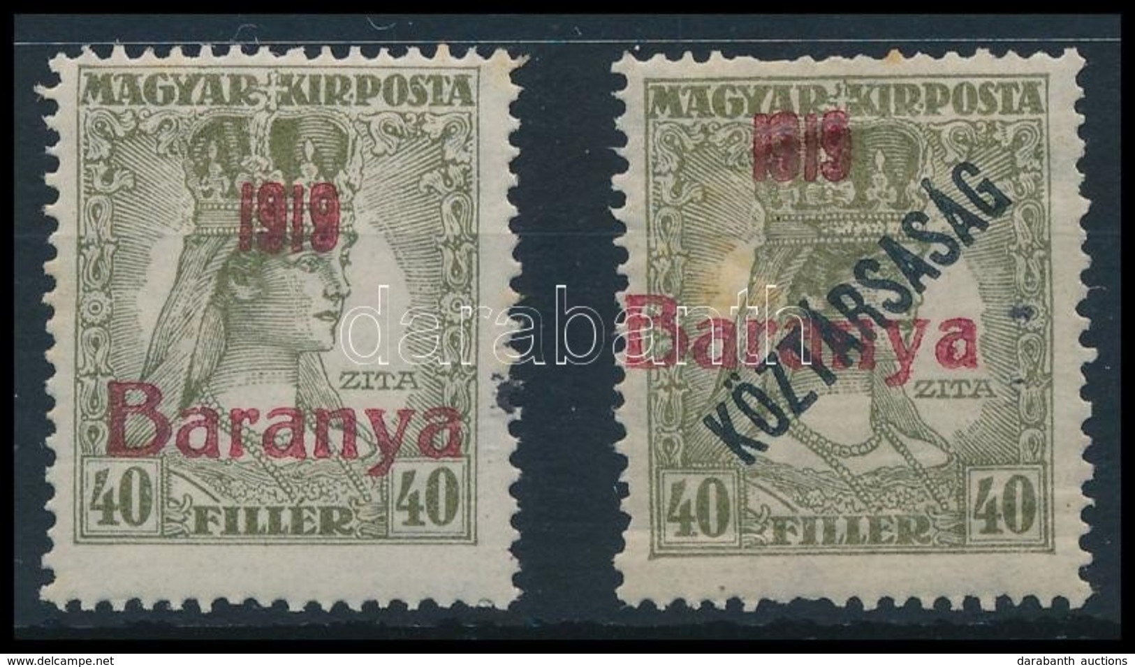 * Baranya I. 1919 Zita 40f és Zita/Köztársaság 40f Piros Felülnyomással (11.000) / Mi 10, 38 Signed: Bodor - Autres & Non Classés