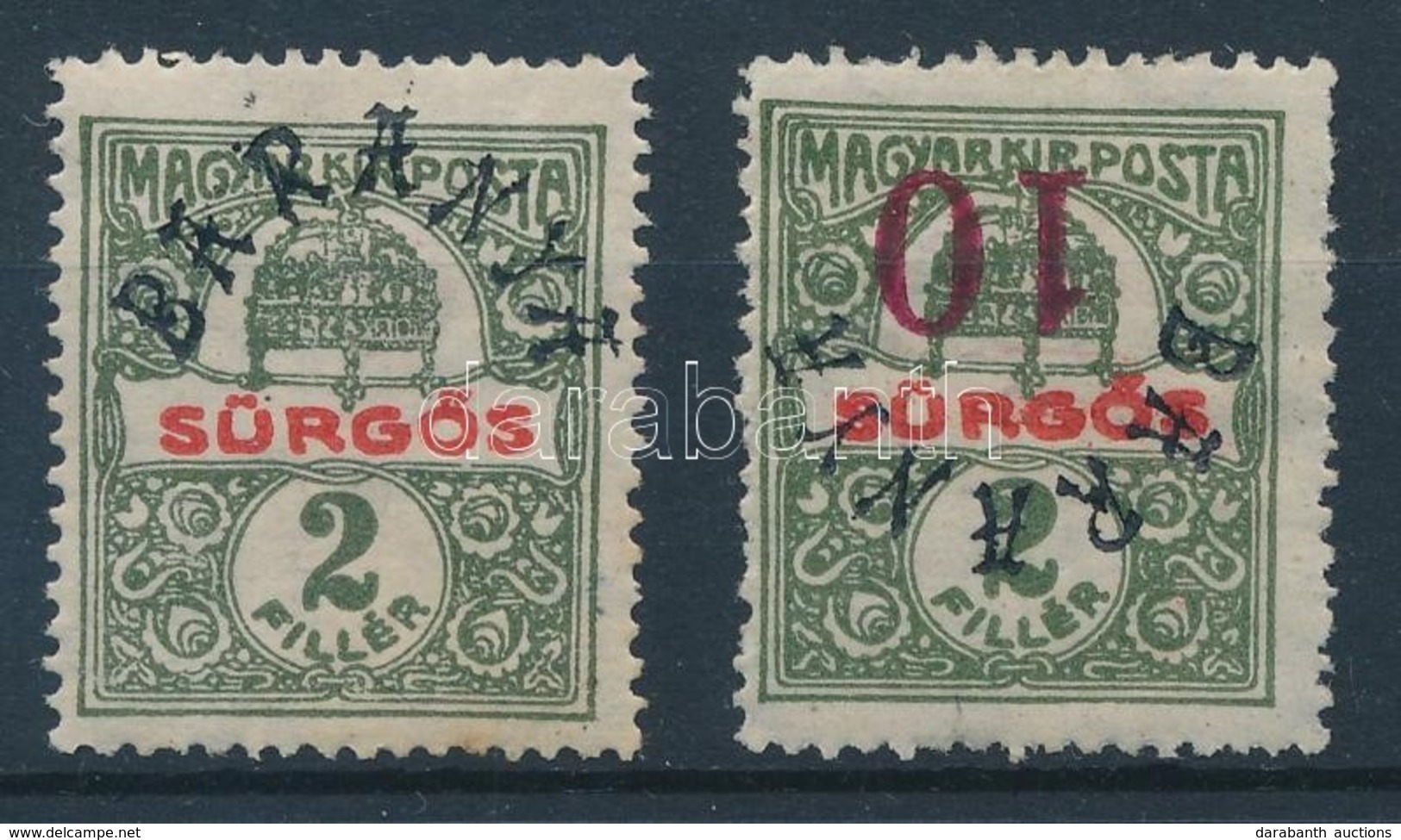 * Baranya II. 1919 2 Db Sürgős Bélyeg értékjelzés Nélküli Tévnyomat Ill. Fordított Felülnyomás / 2 X Mi 47 Overprint Err - Other & Unclassified