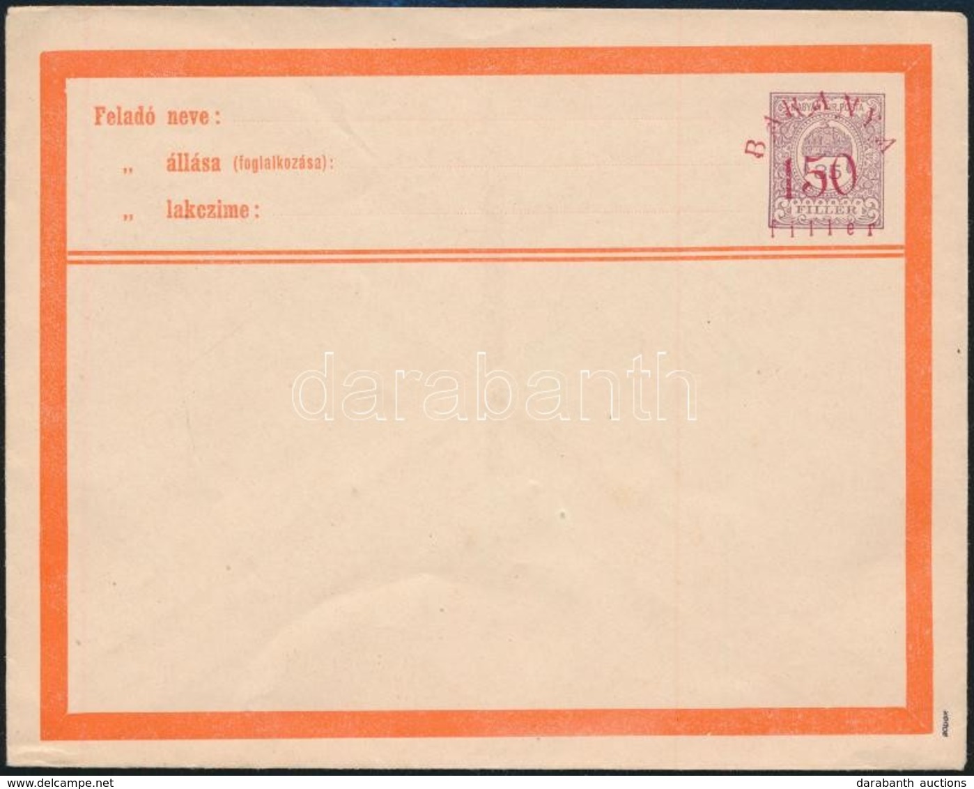 1919 Használatlan Baranya 150f Felülnyomású 35f Díjjegyes Boríték / PS-cover With Baranya Overprint, Unused. Signed: Bod - Autres & Non Classés