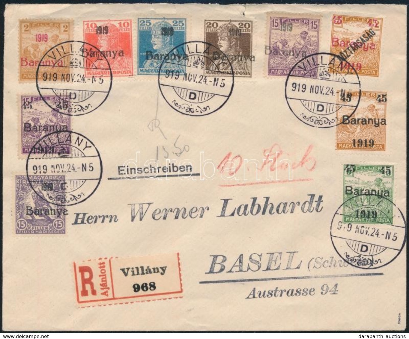 1919 Ajánlott Levél Villányból Svájcba / Registered Cover To Switzerland. Signed: Bodor - Autres & Non Classés