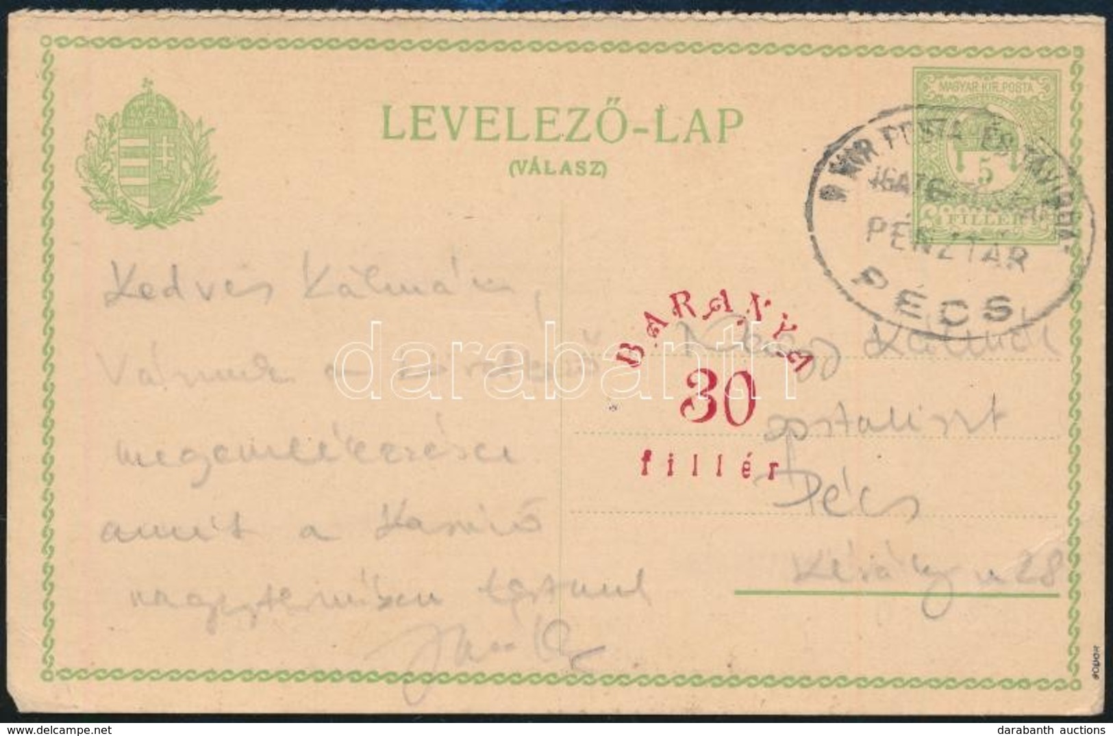 1919 Válaszos Levelezőlap Válasz Része Elcsúszott, Piros Baranya 30f Felülnyomással / PS-reply Card With Shifted Overpri - Autres & Non Classés