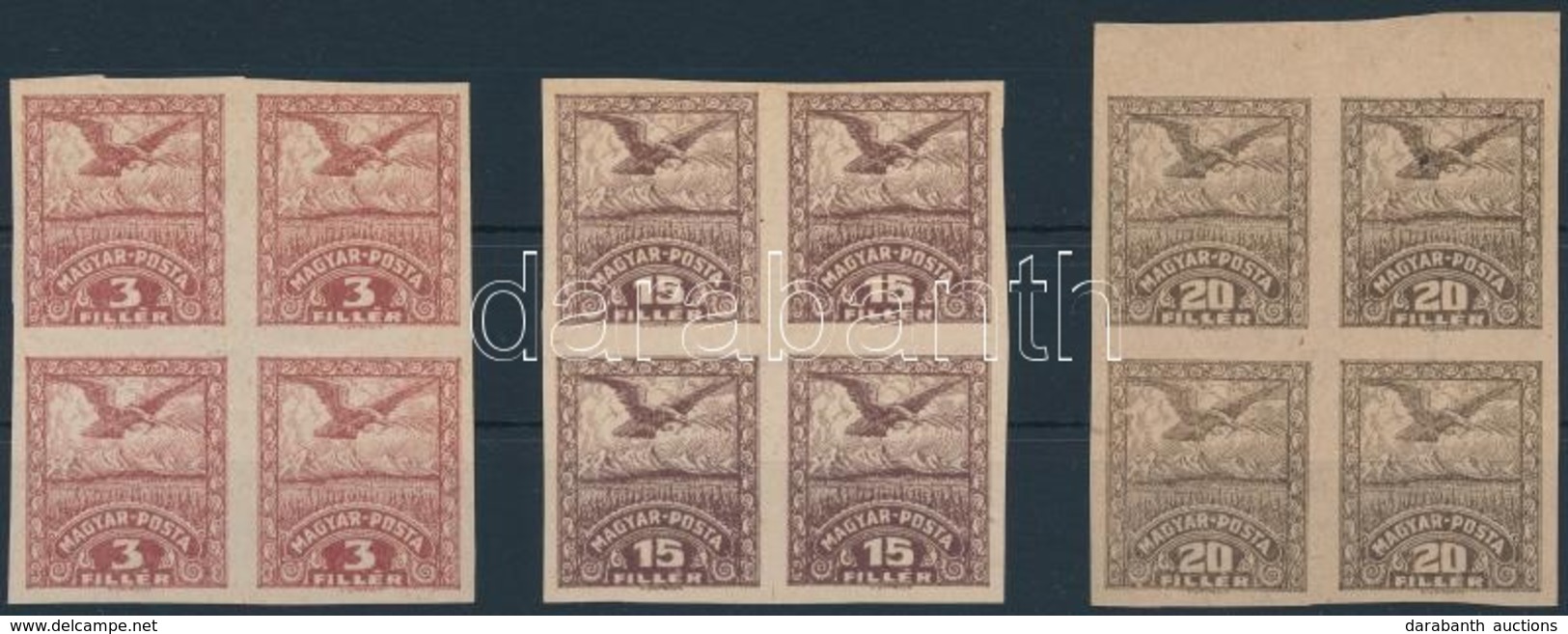 (*) Debrecen II. 1920 3f, 15f, 20f Vágott Próbanyomat Négyestömbök / Proof Blocks Of 4. Signed: Bodor - Autres & Non Classés