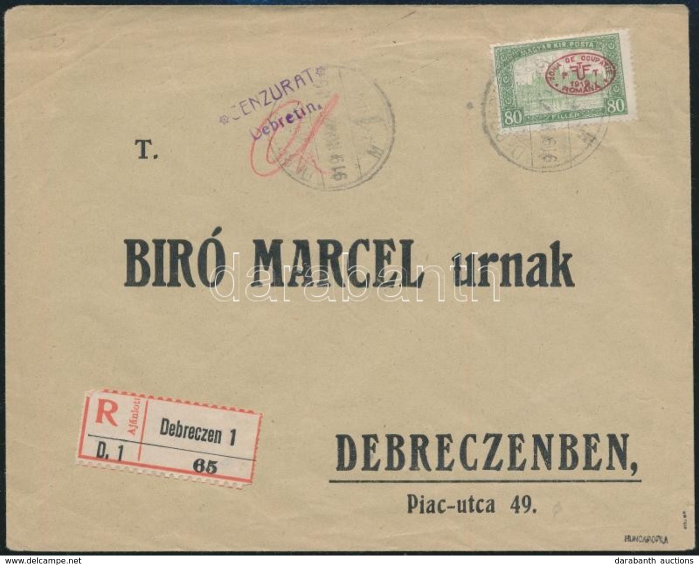 1919 Ajánlott, Cenzúrázott Helyi Levél Bíró Marcellnek Parlament 80f Bélyeggel / Registered, Censored Local Cover. Signe - Autres & Non Classés