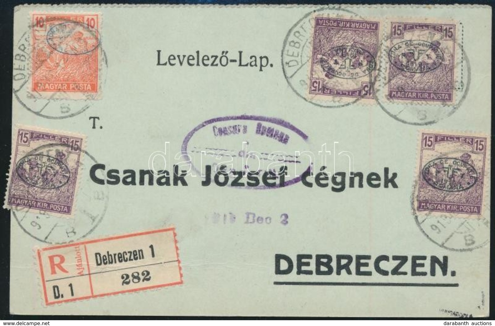 1919 Ajánlott, Cenzúrázott Helyi Levelezőlap 5 Bélyeges Bérmentesítéssel / Censored, Registered Local Postcard With 5 St - Other & Unclassified