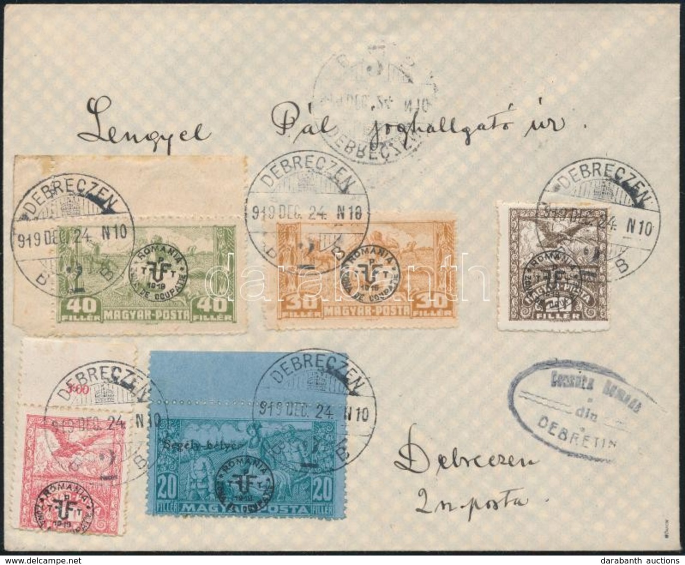 1919 Debrecen Helyi Levél 5 Bélyeges Bérmentesítéssel, Cenzúrázva / Local Cover With 5 Stamps Franking, Censored. Signed - Other & Unclassified