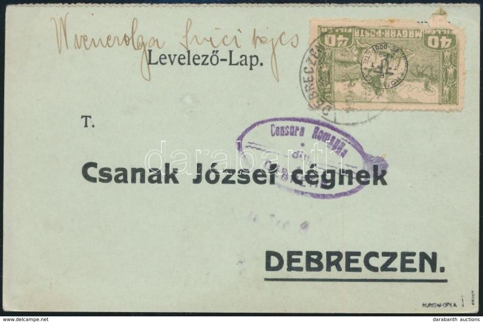1920 Helyi Levelezőlap Debrecen II. 40f Bélyeggel, Cenzúrázva / Local Censored Postcard. Signed: Bodor - Autres & Non Classés