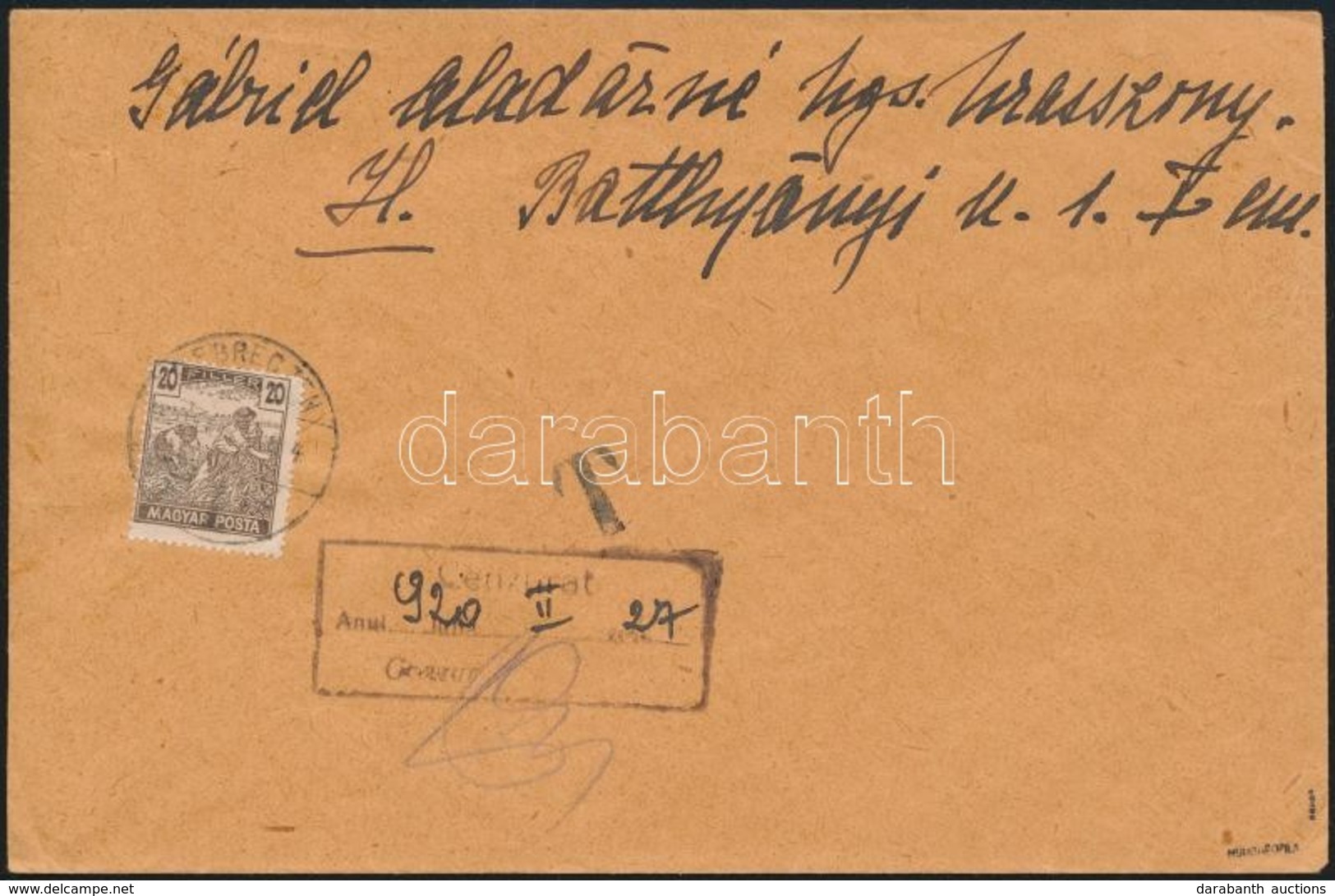 1920 Portós Cenzúrás Levél / Censored Cover With Postage Due. Signed: Bodor - Other & Unclassified