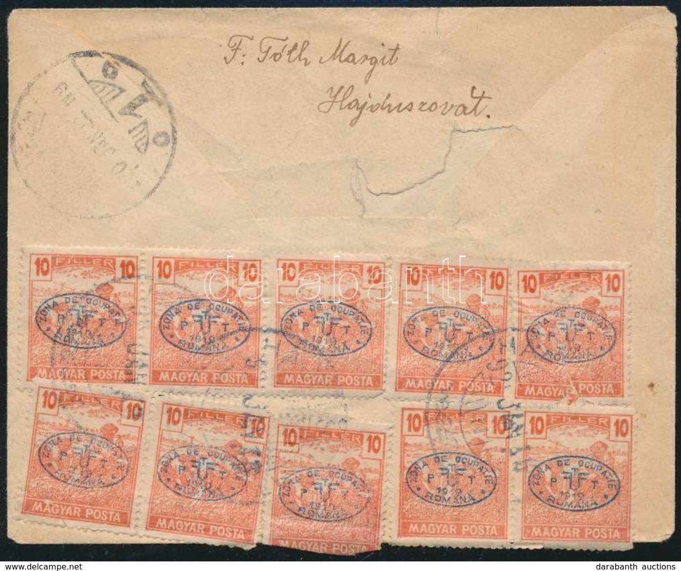 1920 Ajánlott Levél 10 X Magyar Posta 10f Bérmentesítéssel, Cenzúrázva / Registered Censored Cover 'HAJDÚSZOVÁT' - Debre - Sonstige & Ohne Zuordnung