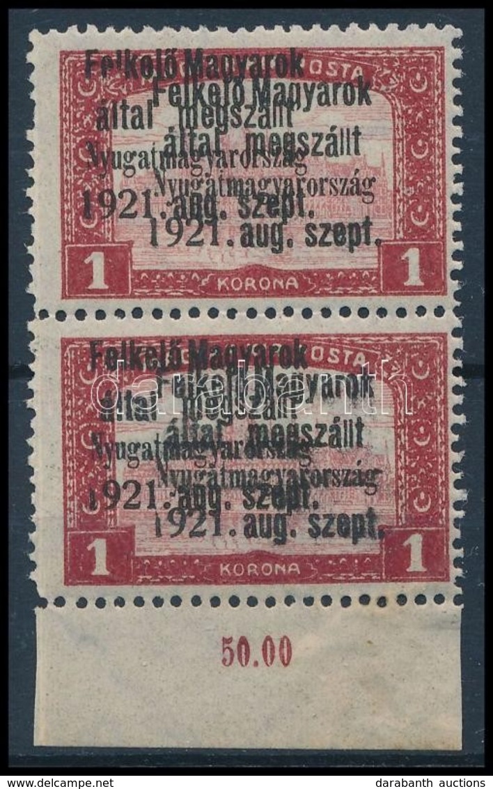** Nyugat-Magyarország I. 1921 Parlament 1K Pár Dupla Felülnyomással / Mi 7 Pair With Double Overprint. Signed: Bodor - Autres & Non Classés