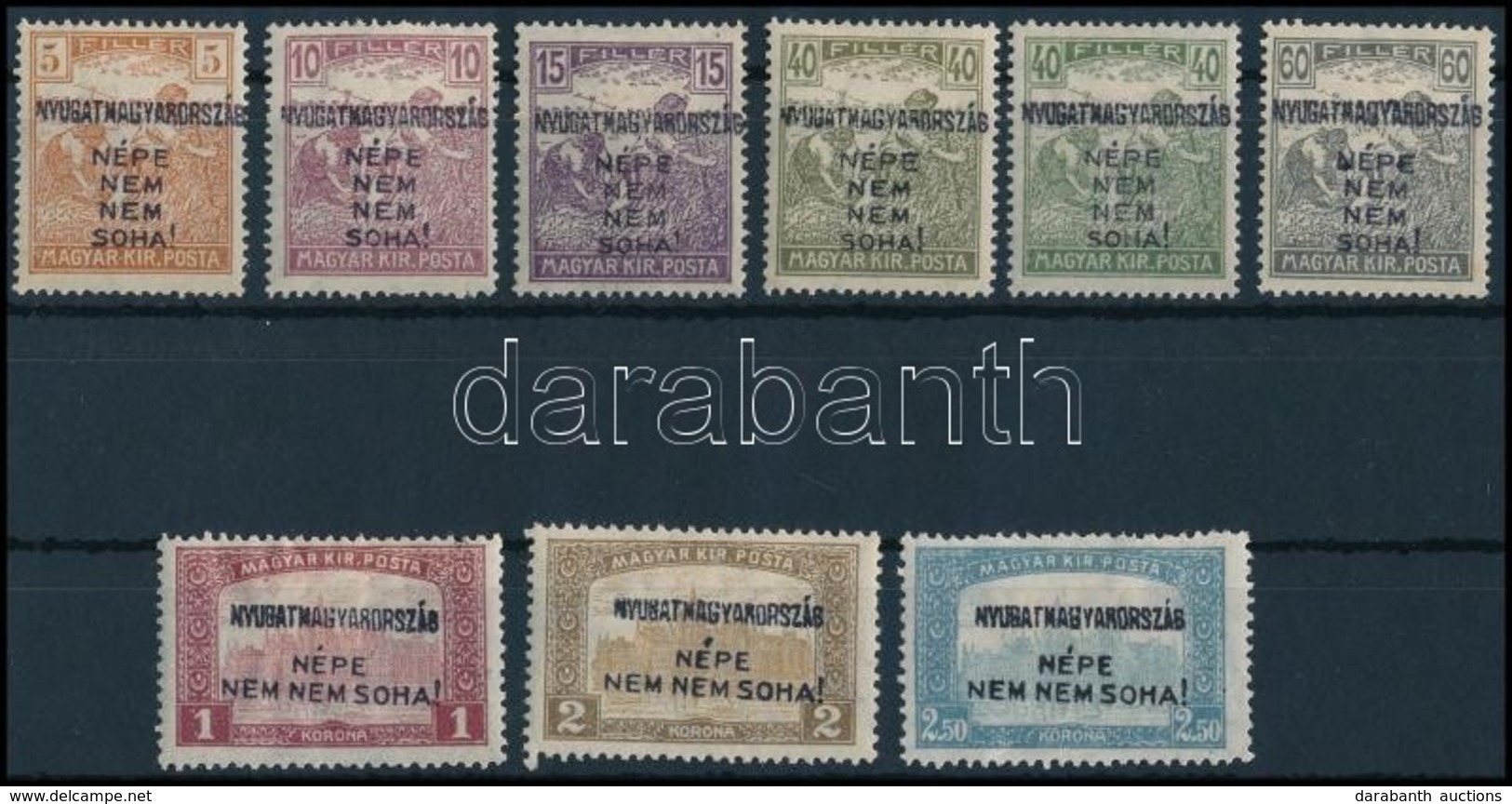 * Nyugat-Magyarország IV. 1921 9 Db Bélyeg, Az 60f Hármaslyukasztással (11.500) / 9 Stamps, One With 3 Hole Punching. Si - Other & Unclassified