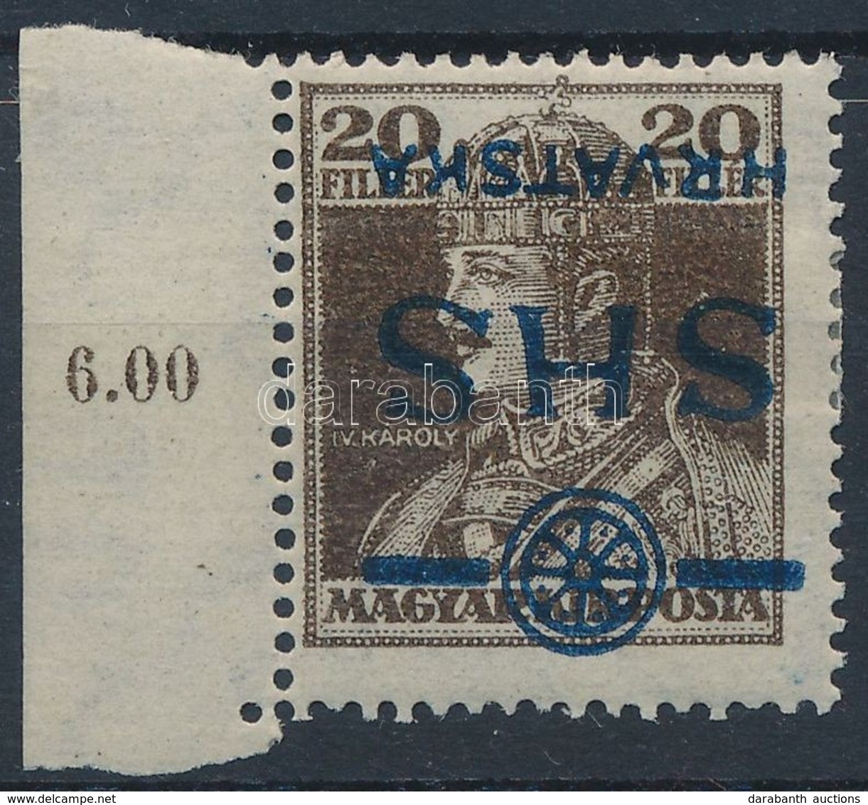 * 1918 Károly 20f Fordított Felülnyomással / Mi 85 With Inverted Overprint. Signed: Bodor - Other & Unclassified