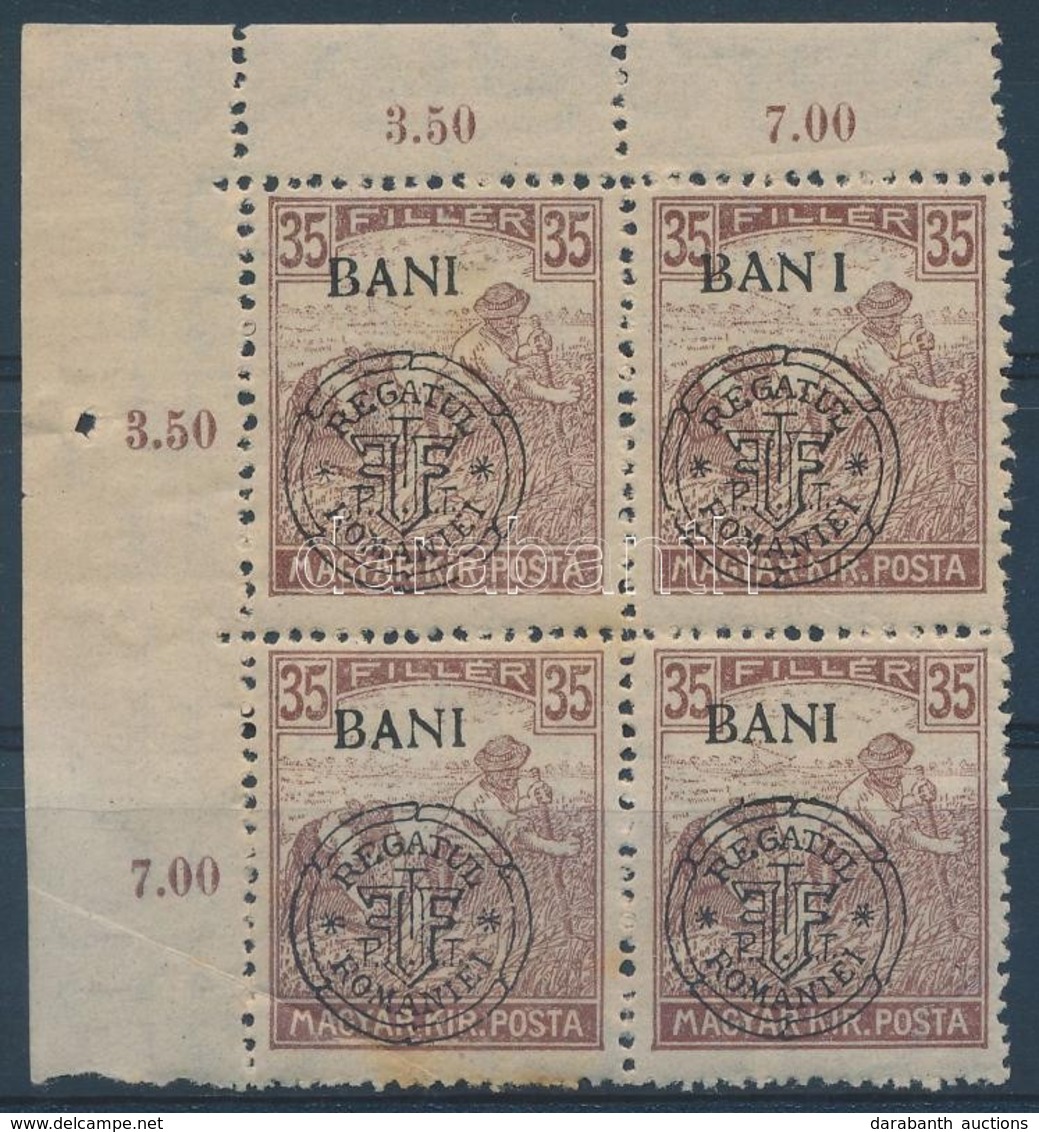 ** 1919 Arató 15f Négyestömb, BAN_I Lemezhibával / Mi 35 I Block Of 4 With Overprint Variety. Signed: Bodor - Autres & Non Classés