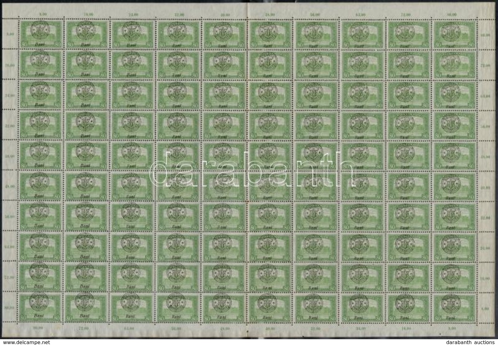 ** Nagyvárad 1919 Parlament 80f Középen Hajtott Teljes ív Lemezhibákkal / Mi 39 II Folded Complete Sheet With Plate Vari - Sonstige & Ohne Zuordnung