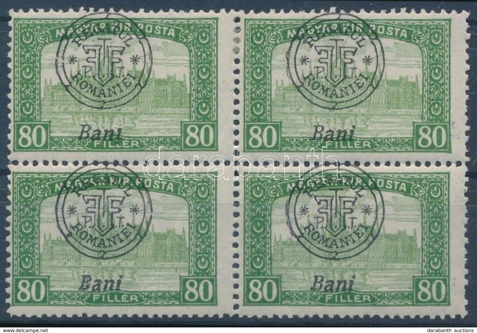 ** * 1919 Parlament 80f Négyestömb, Benne Fordított 'i' Tévnyomat / Mi 39 II Block Of 4 With Plate Variety. Signed: Bodo - Other & Unclassified