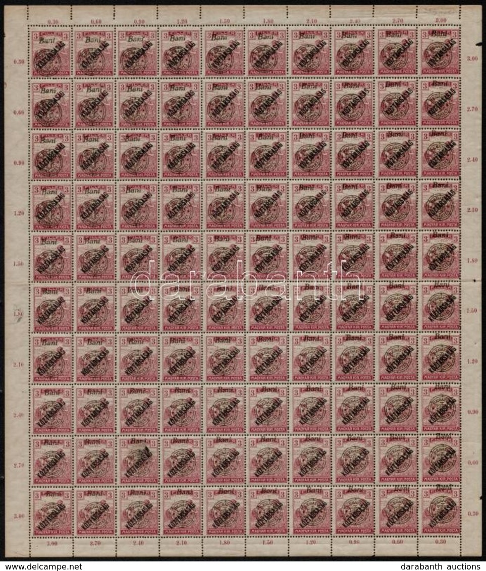 ** Nagyvárad 1919 Arató/Köztársaság 3f Középen Hajtott Teljes ív Lemezhibákkal / Mi 51 II Folded Complete Sheet With Pla - Other & Unclassified