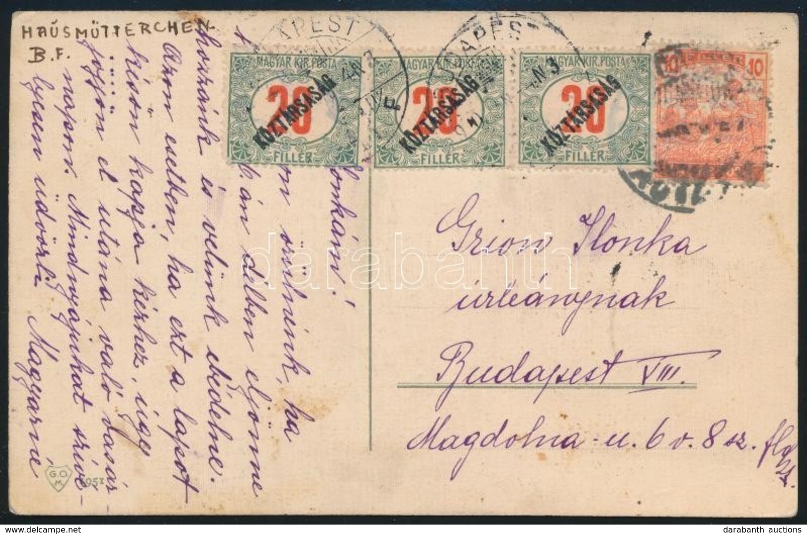 1920 Helyi Képeslap 3 X 20f Portóval / Local Postcard With 3 X 20f Postage Due - Sonstige & Ohne Zuordnung