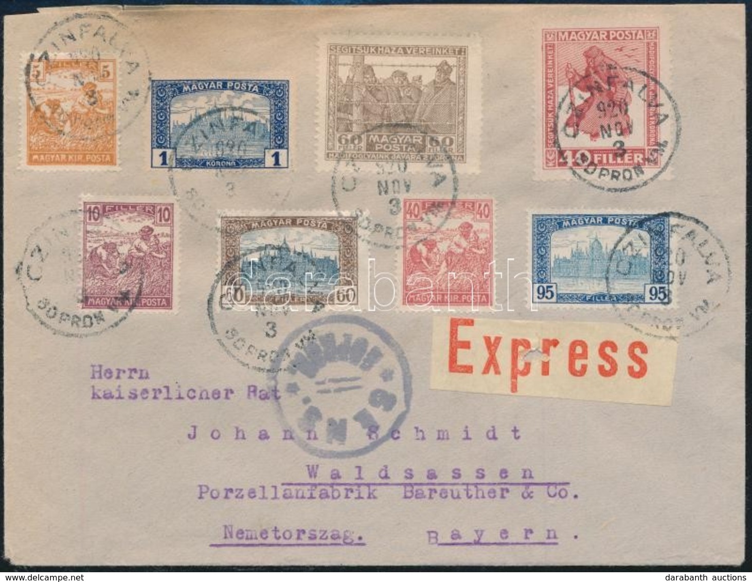 1920 Expressz Levél 8 Klf Bélyeggel Németországba, Soproni Cenzúrával / Express Cover With 8 Different Stamps To Germany - Autres & Non Classés