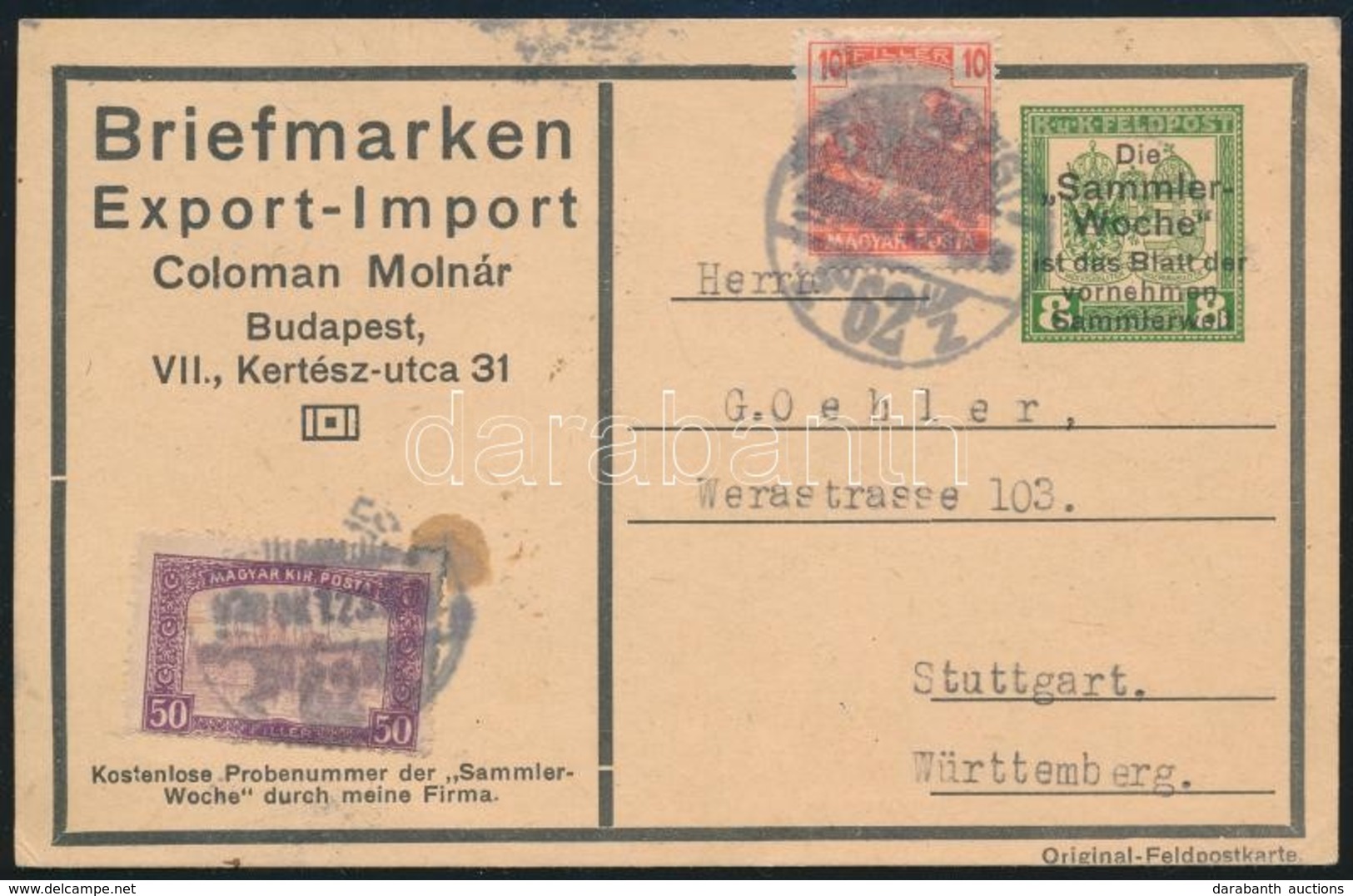 1920 Felülnyomott Bosnyák Díjjegyes Levelezőlap 60f Kiegészítéssel Budapestről Stuttgartba / Bosnian PS-card With Overpr - Other & Unclassified