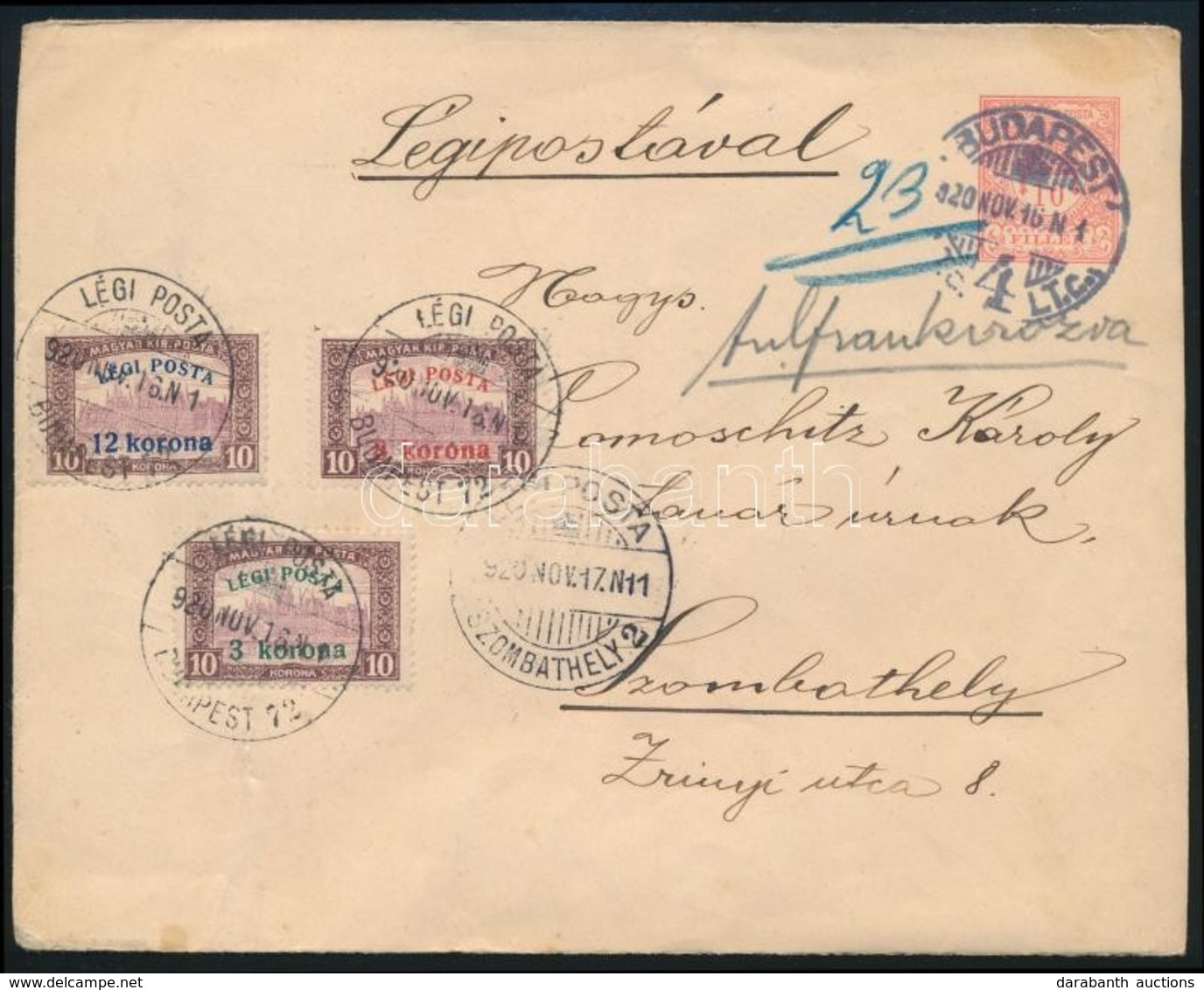 1920 Légi Díjjegyes Levél Mindhárom Légiposta értékkel, A Hátoldalon Irredenta Levélzáróval / Airmail PS-cover With Mi 3 - Other & Unclassified