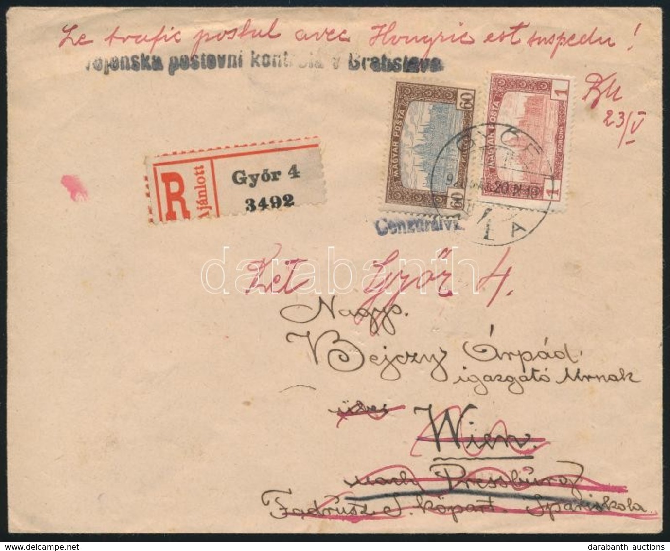 1920 Ajánlott Levél Postazárlati Időszakból, Pozsonyi Cenzúrával, Ritka Postatörténeti Darab! 'Le Trafic Postal Avec Hon - Autres & Non Classés