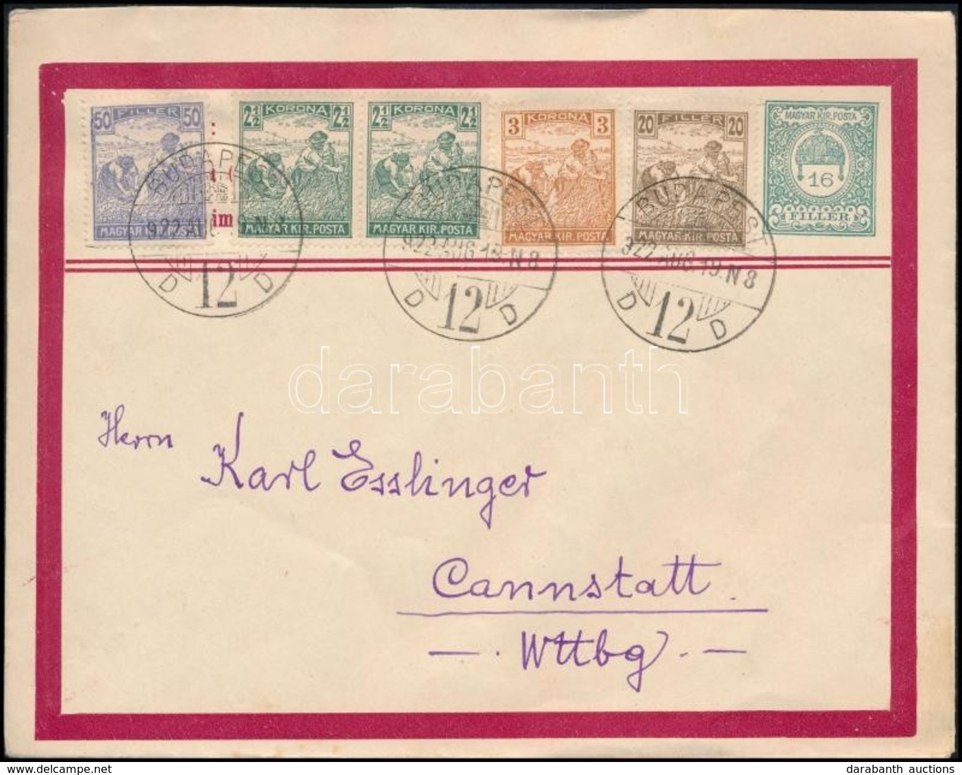 1922 Díjjegyes Boríték 8,85K Kiegészítéssel Németországba / PS-cover With Additional Franking To Württemberg - Other & Unclassified