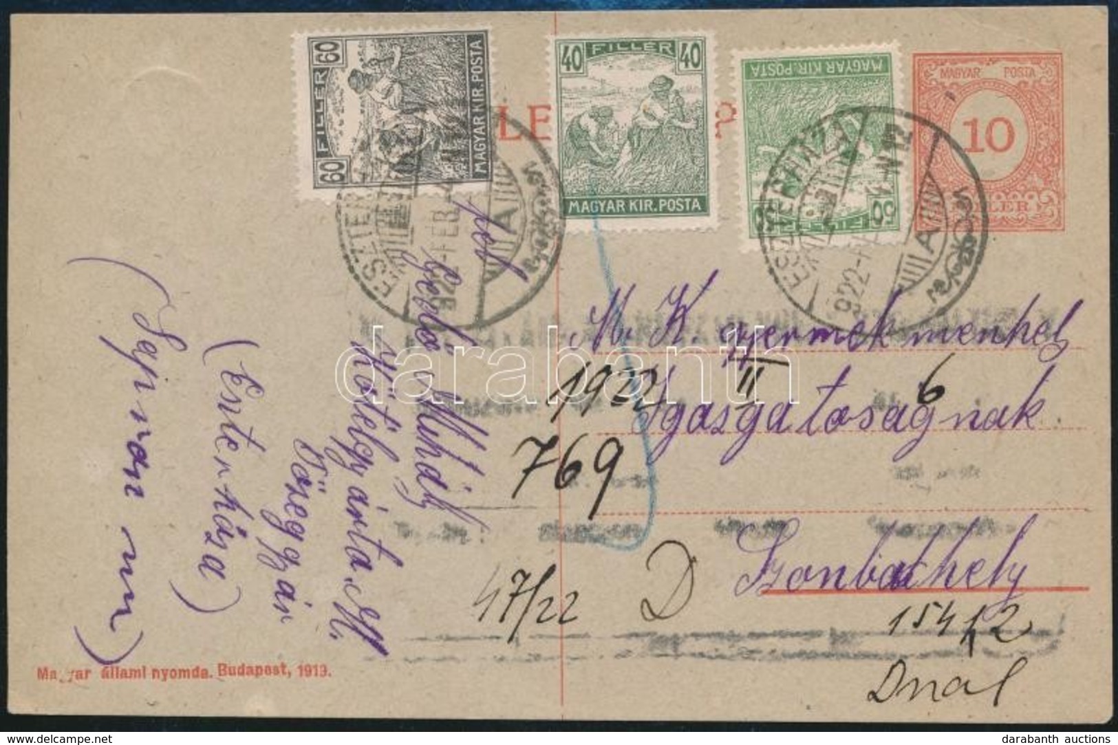 1922 Díjjegyes Levelezőlap 1,50K Kiegészítéssel / PS-card With Additional Franking 'ESZTERHÁZ' - Other & Unclassified