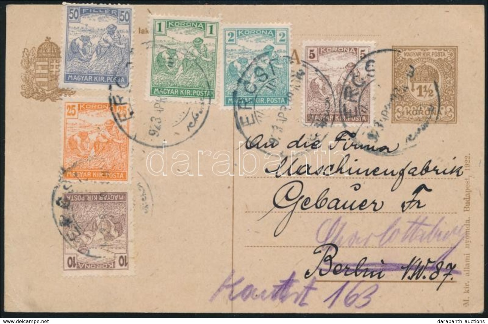 1923 Díjjegyes Levelezőlap 6 Színű Díjkiegészítéssel Németországba Küldve / PS-card With 6 Different Colours Additional  - Sonstige & Ohne Zuordnung