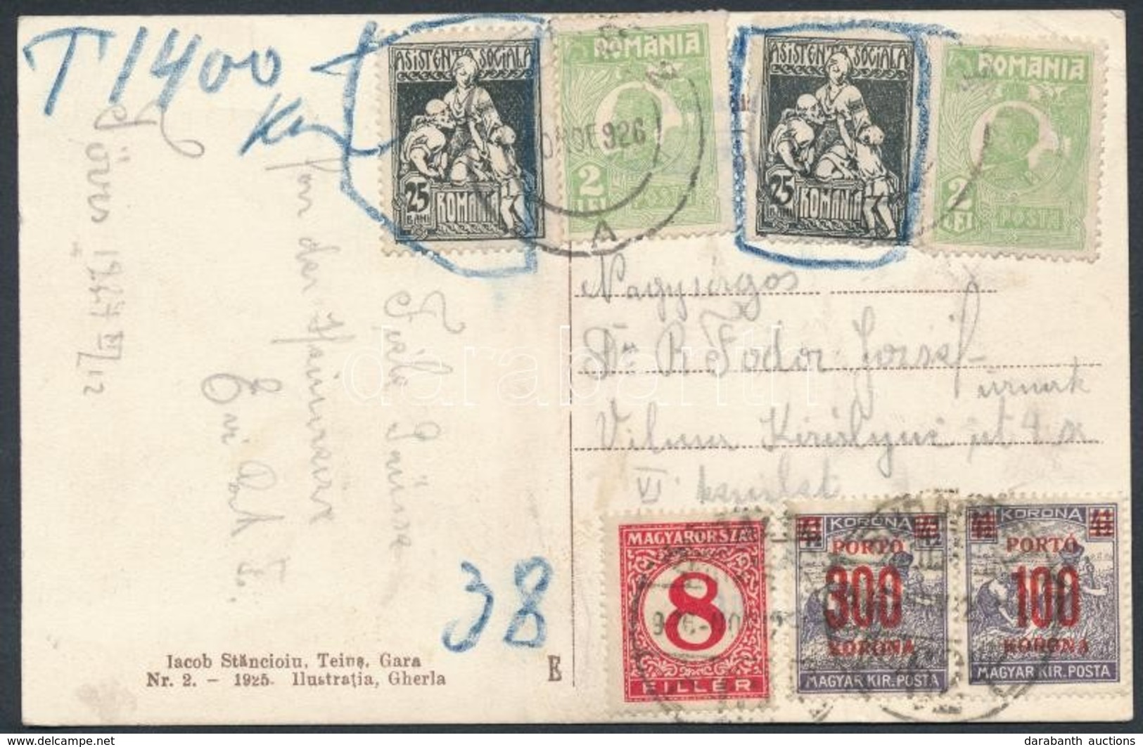 1926 Képeslap Romániából Korona-fillér Vegyes Portóval / Postcard From Romania With Korona-fillér Mixed Postage Due - Other & Unclassified