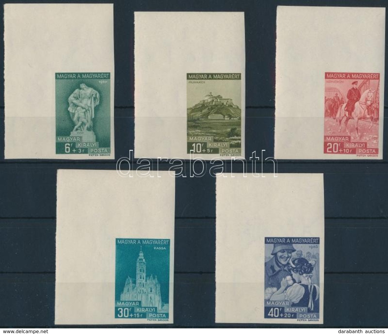 ** 1939 Magyar A Magyarért ívsarki Vágott Sor (80.000) / Mi 593-597 Imperforate Corner Set (30f és 40f Halvány Ujjlenyom - Autres & Non Classés