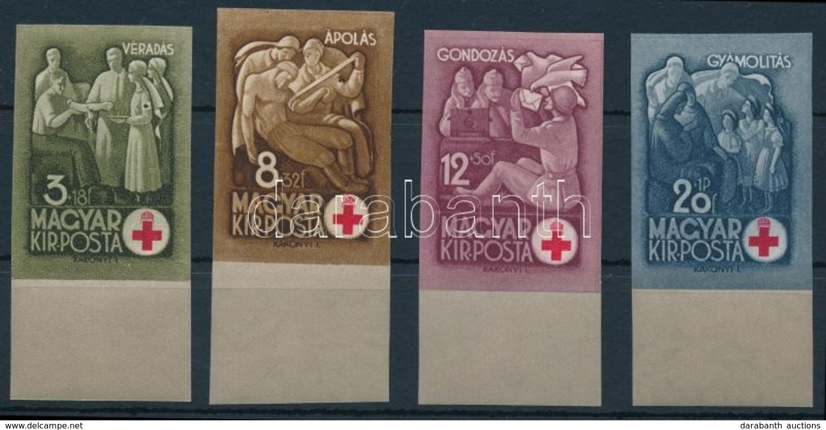 ** 1942 Vöröskereszt I. ívszéli Vágott Sor (60.000) / Mi 691-694 Imperforate Margin Set (falc Az ívszélen / Margin Hinge - Other & Unclassified