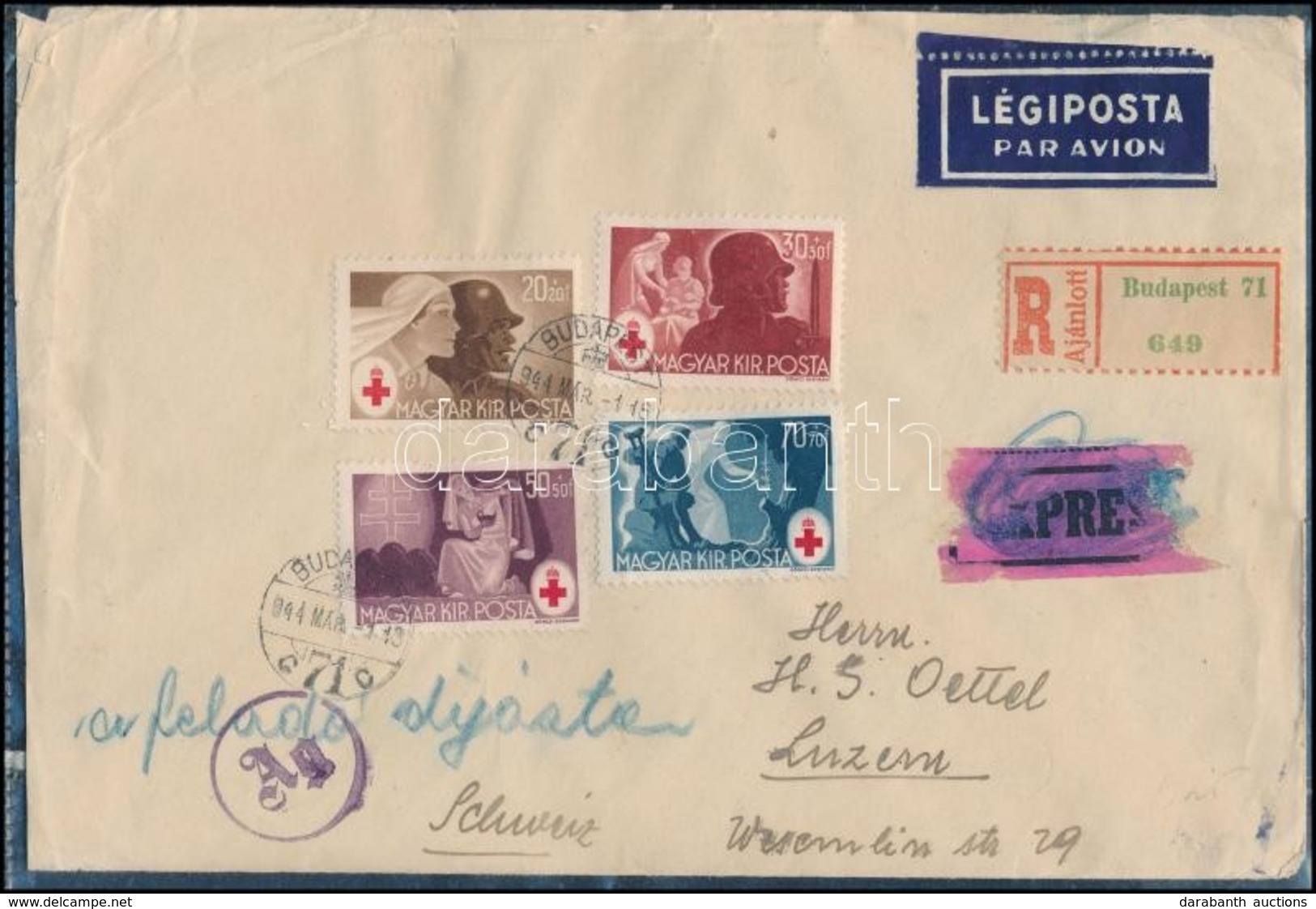 1944 Légi Ajánlott Expressz Levél Vöröskereszt Sorral és Első Napi Bélyegzéssel Svájcba / Airmail Registered Express FDC - Other & Unclassified