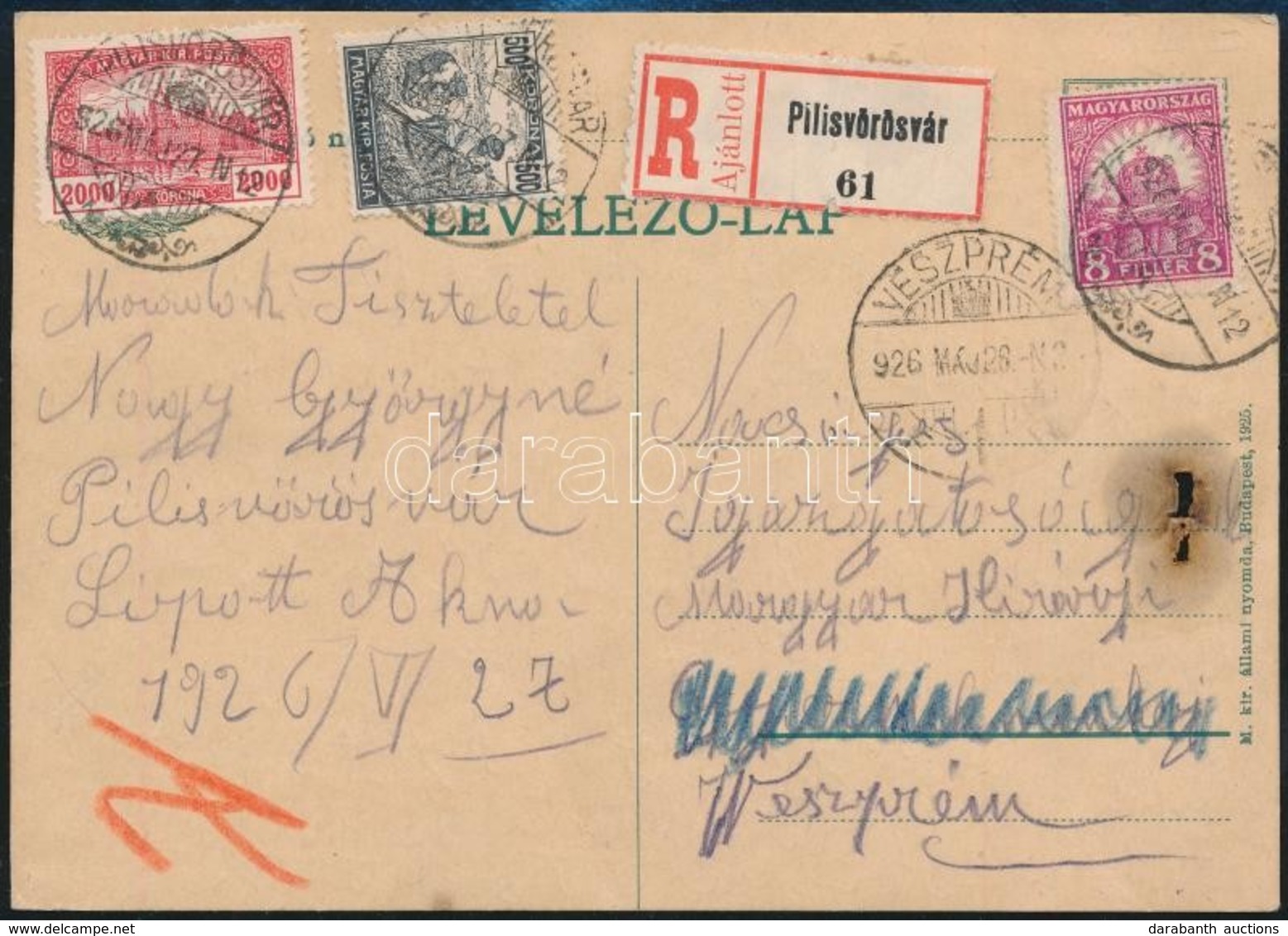 1926 Pengő-fillér Bérmentesítésű Ajánlott Levelezőlap / Registered Postcard - Other & Unclassified