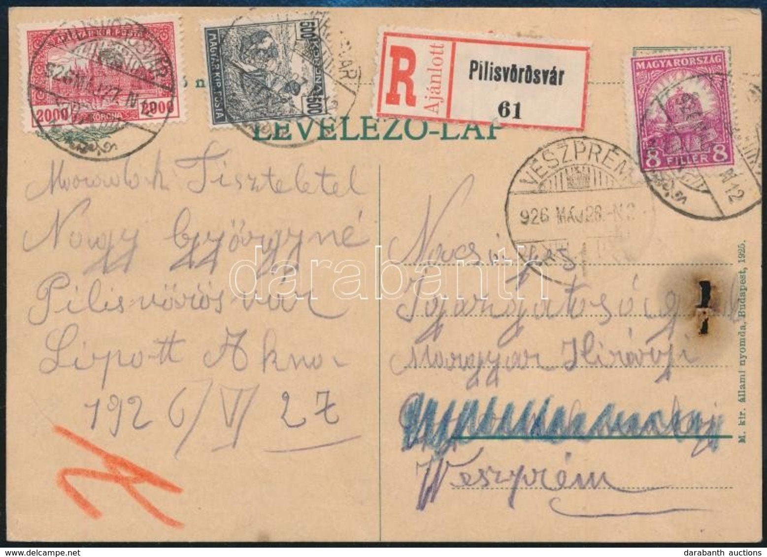 1926 Pengő-fillér Bérmentesítésű Ajánlott Levelezőlap / Registered Postcard - Autres & Non Classés