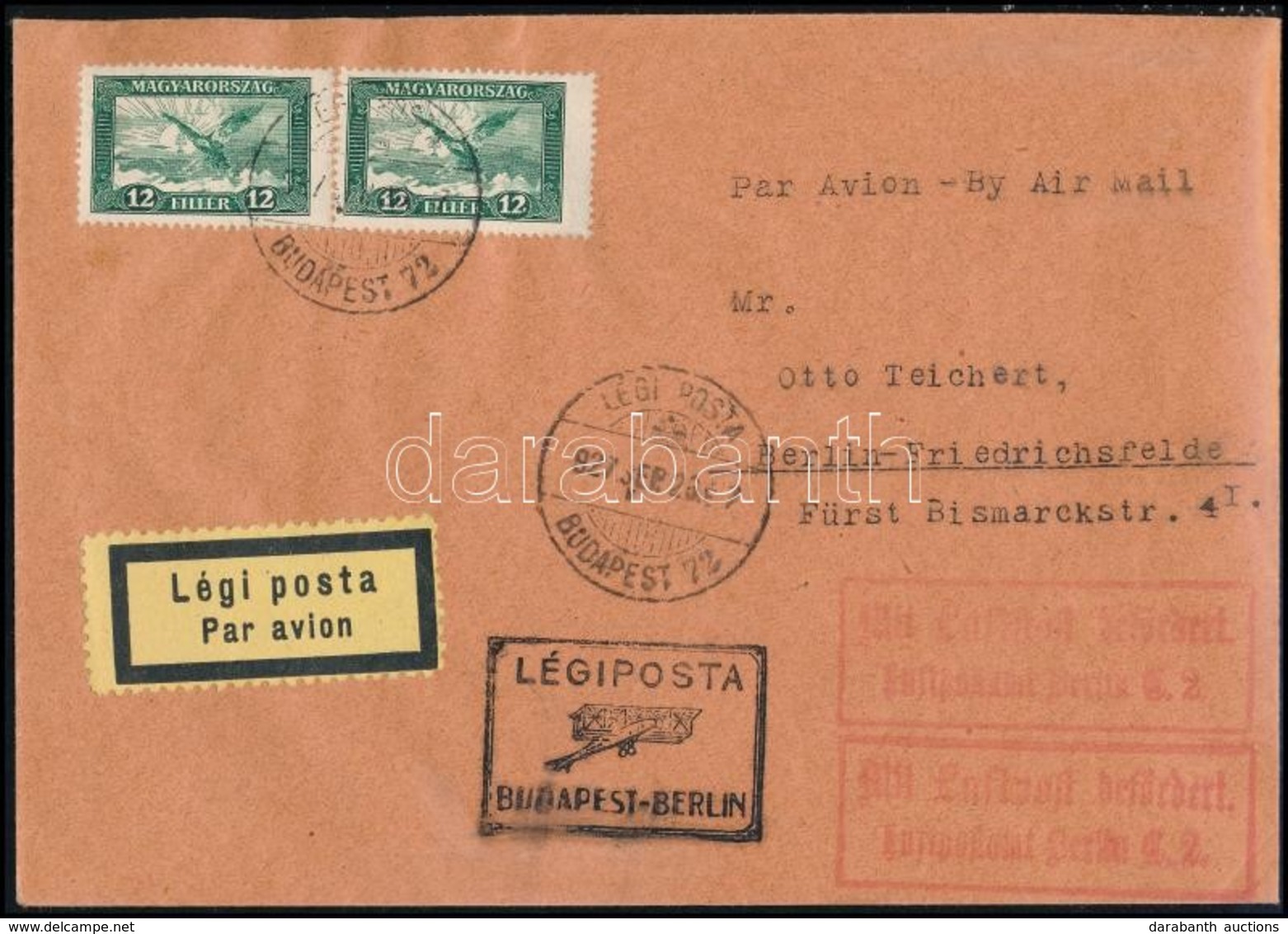 1927 Légi Levél 24f Bérmentesítéssel Berlinbe (MBK 200 P) / Airmail Cover To Berlin - Autres & Non Classés