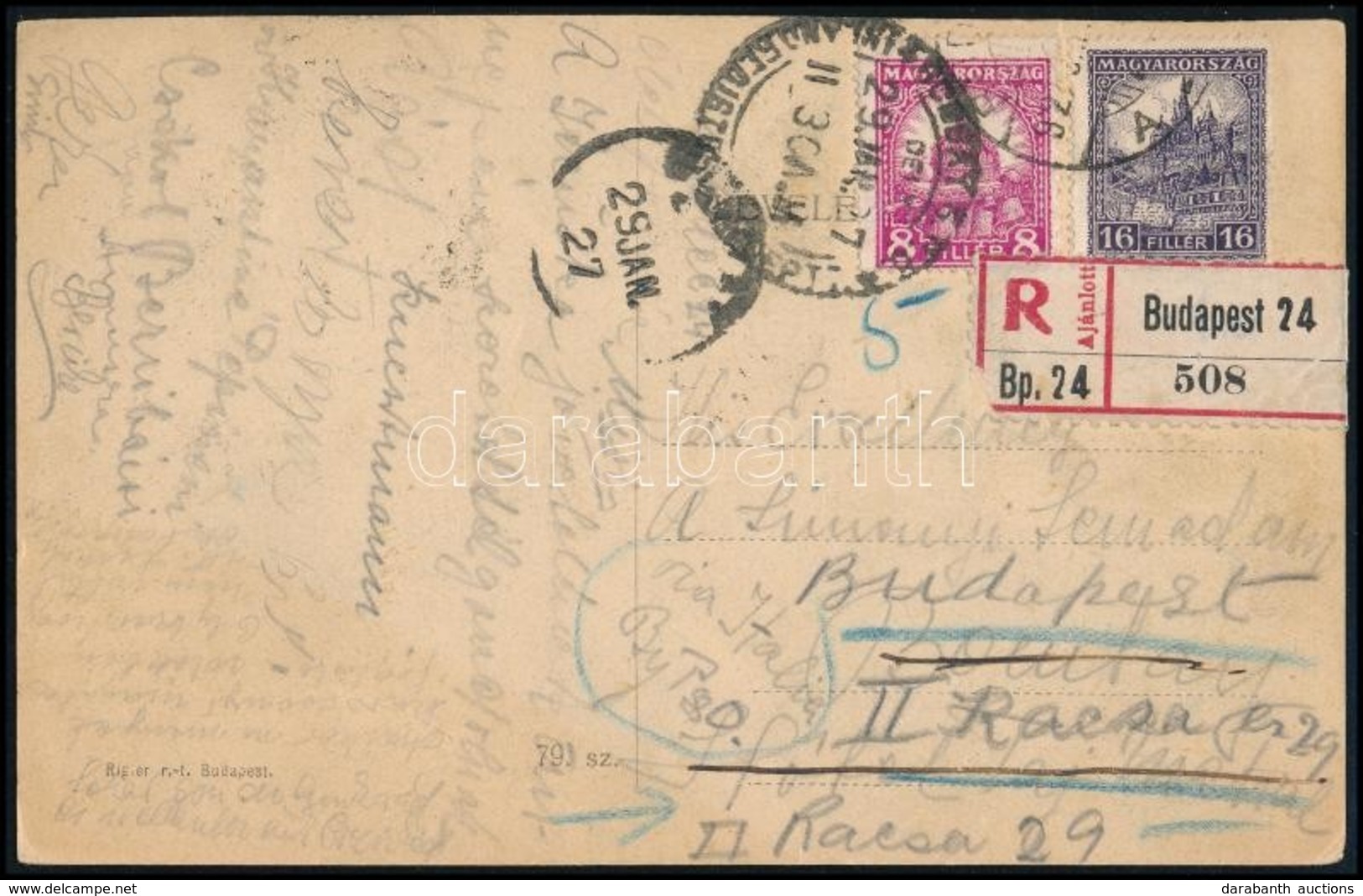 1929 Ajánlott Képeslap 24f Bérmentesítéssel Olaszországon át Indiába, Majd Visszaküldve Budapestre / Registered Postcard - Other & Unclassified