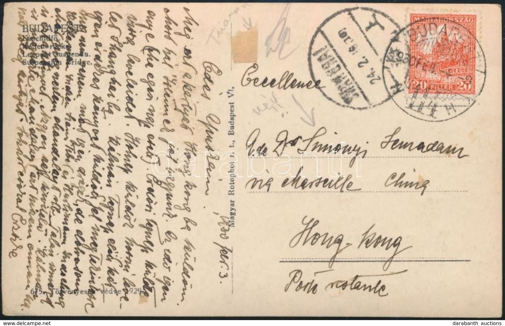 1930 Képeslap 20f Bérmentesítéssel Hongkongba / Postcard To Hong Kong - Other & Unclassified