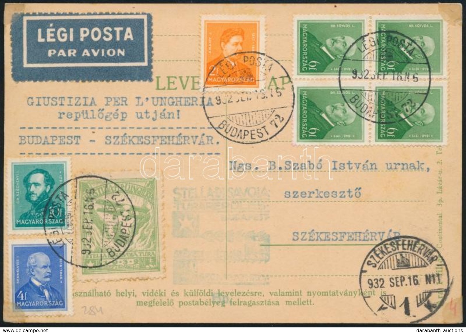 1932 Légiposta Levelezőlap / Airmail Postcard 'BUDAPEST' - 'SZÉKESFEHÉRVÁR' - Other & Unclassified