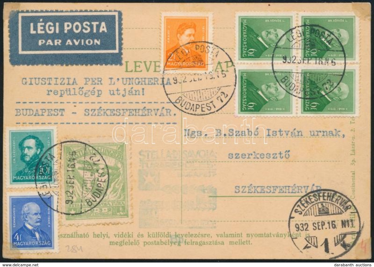 1932 Légiposta Levelezőlap / Airmail Postcard 'BUDAPEST' - 'SZÉKESFEHÉRVÁR' - Autres & Non Classés