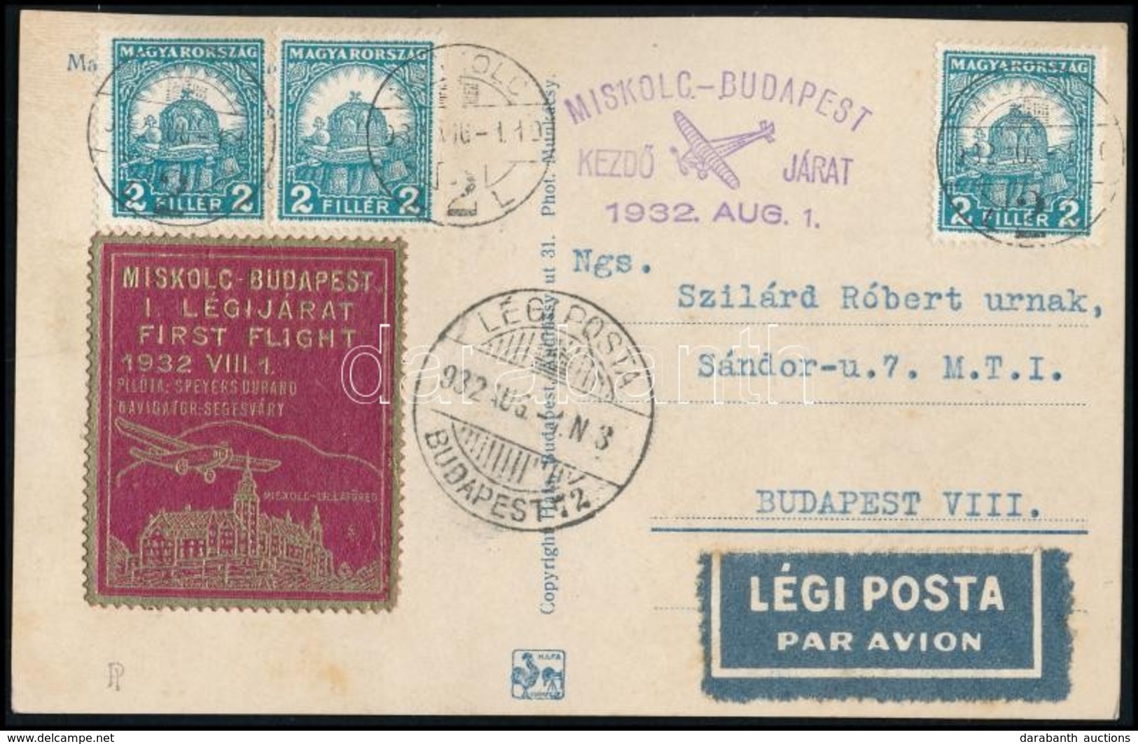 1932 Légi Képeslap Miskolc-Budapest Légijárat Levélzáróval / Airmail Postcard With Label - Autres & Non Classés