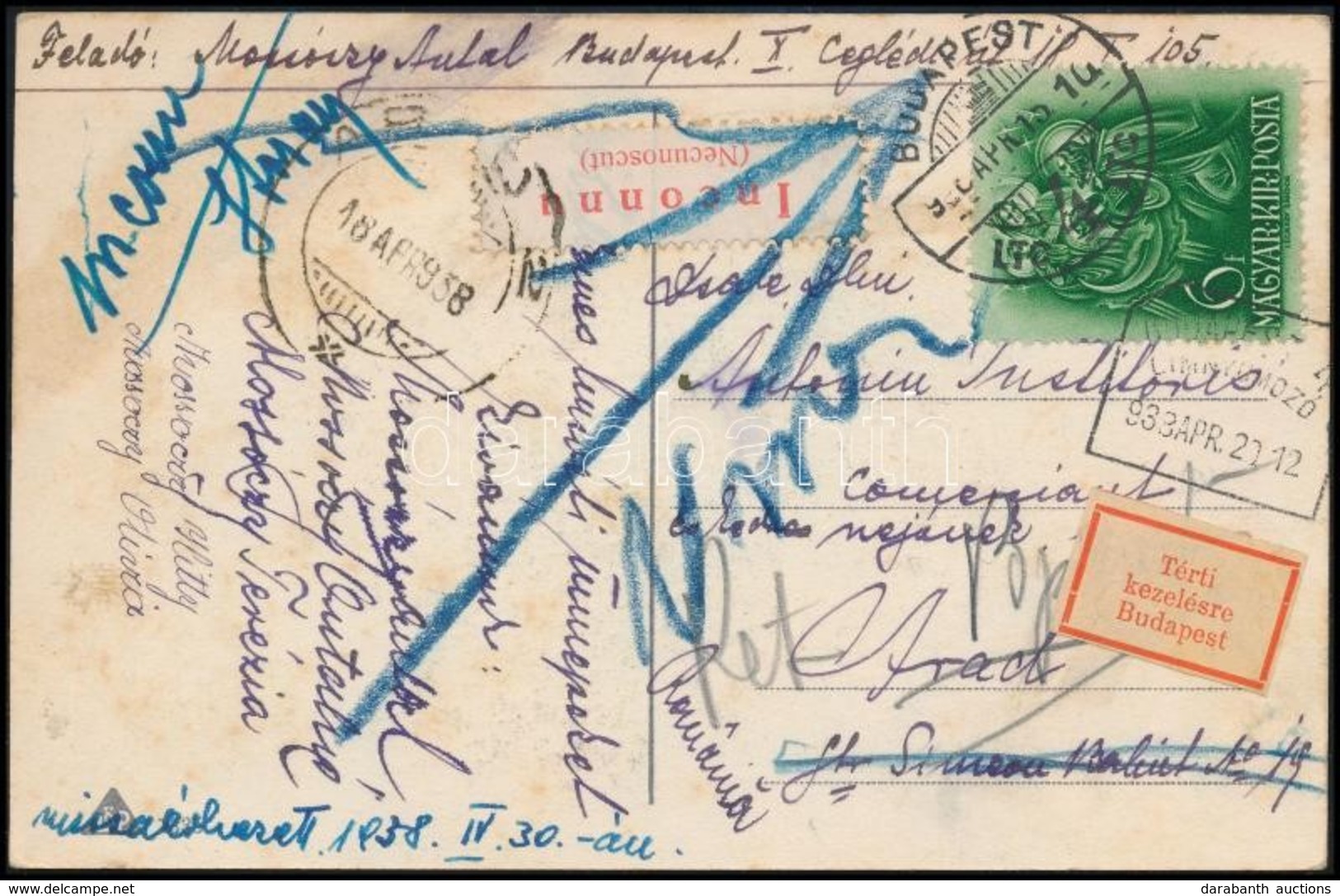 1933 Képeslap Budapestről Aradra 'Innconnu' Címkével Visszaküldve, Majd A Budapesti Címnyomozó Hivatal Bélyegzésével / P - Autres & Non Classés