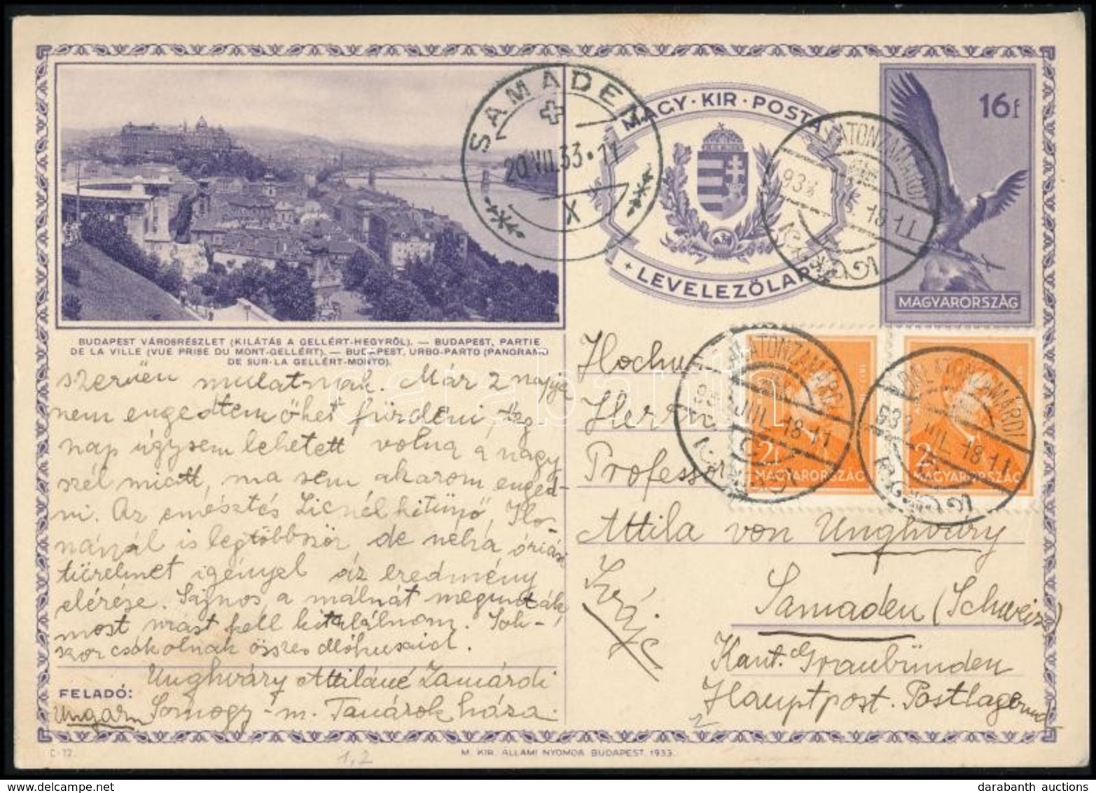 1933 16f Képes Díjjegyes Levelezőlap 4f Kiegészítéssel Svájcba / PS-card To Switzerland With Additional Franking - Autres & Non Classés
