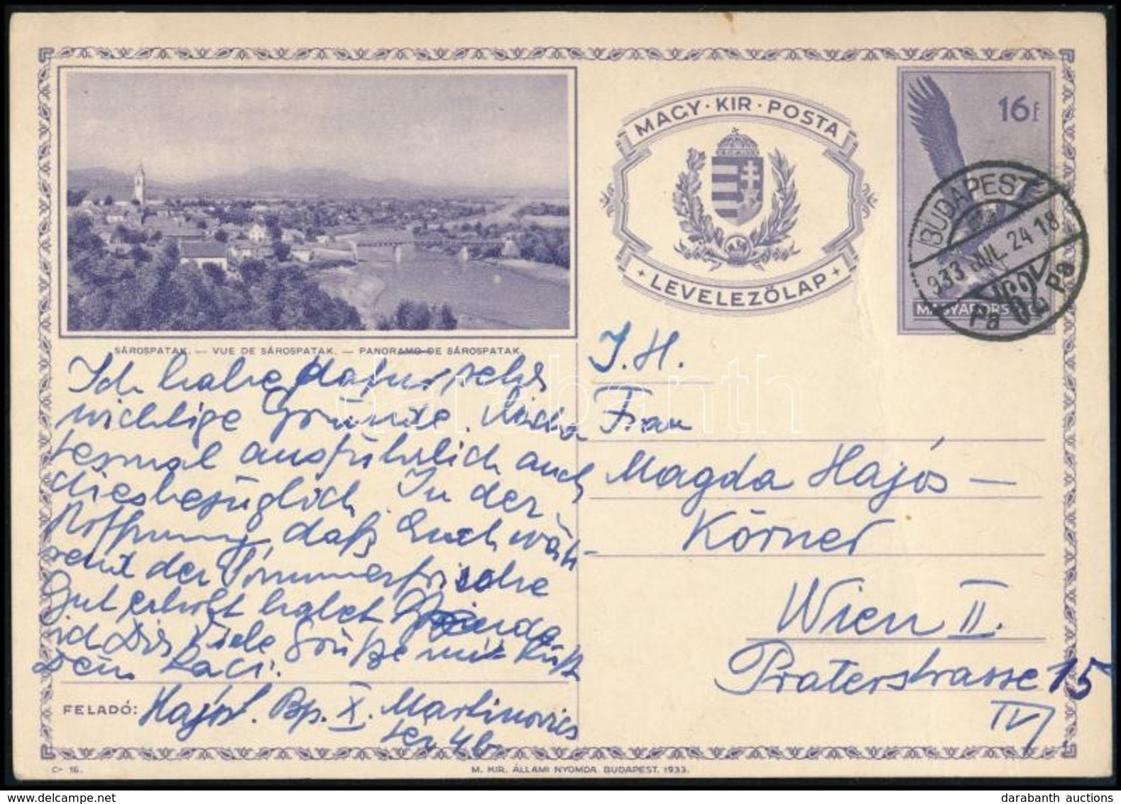 1933 16f Díjjegyes Képes Levelezőlap Bécsbe / PS-card To Vienna - Autres & Non Classés