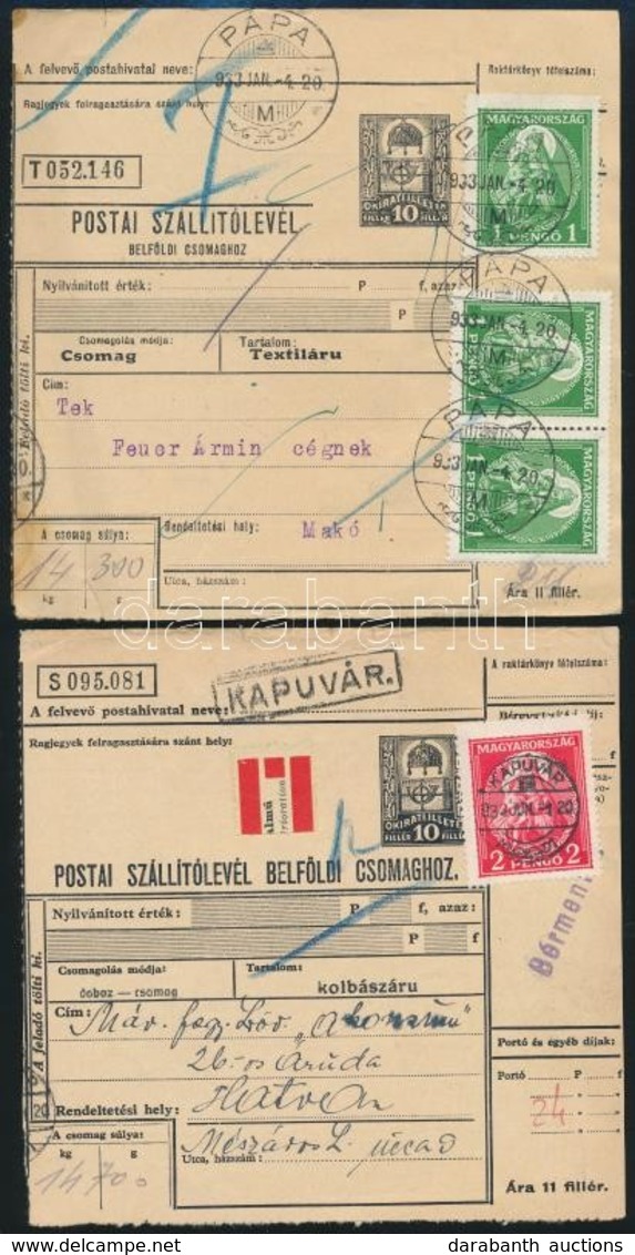 1933 2 Db Szállítólevél Nagy Madonna 2P és 3 X 1P Bérmentesítéssel / 2 Parcel Cards - Autres & Non Classés