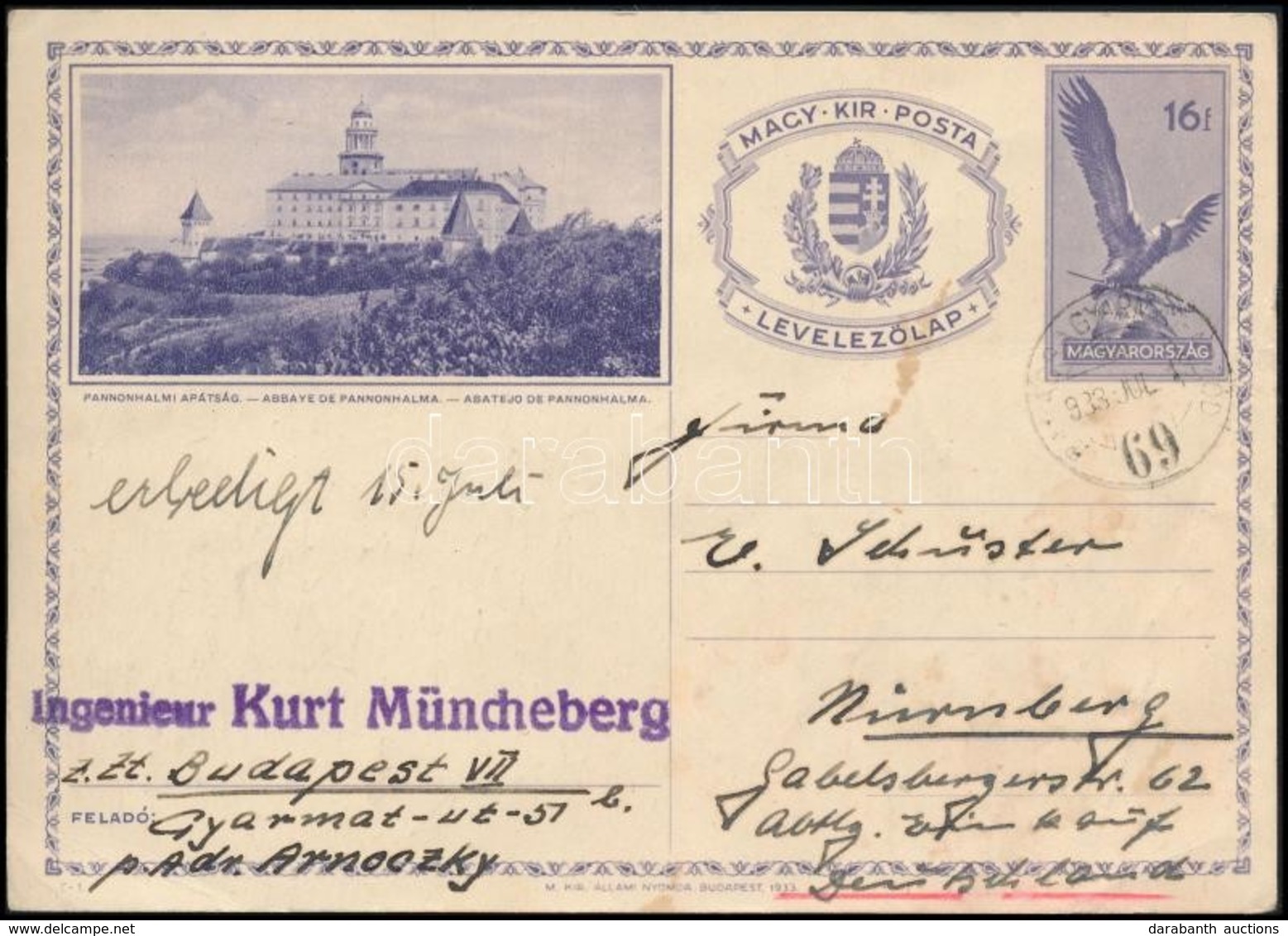 1933 Képes Díjjegyes Levelezőlap Németországba, BALASSAGYARMAT-ASZÓD 69 Vasúti Bélyegzéssel / PS-card To Nürnberg With R - Autres & Non Classés