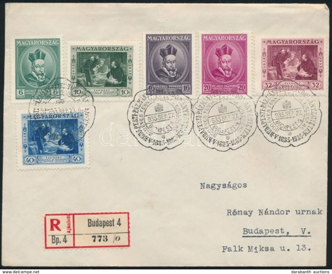 1935 Budapest Helyi Ajánlott Levél Pázmány Emlékbélyegzéssel / Local Registered Cover - Autres & Non Classés