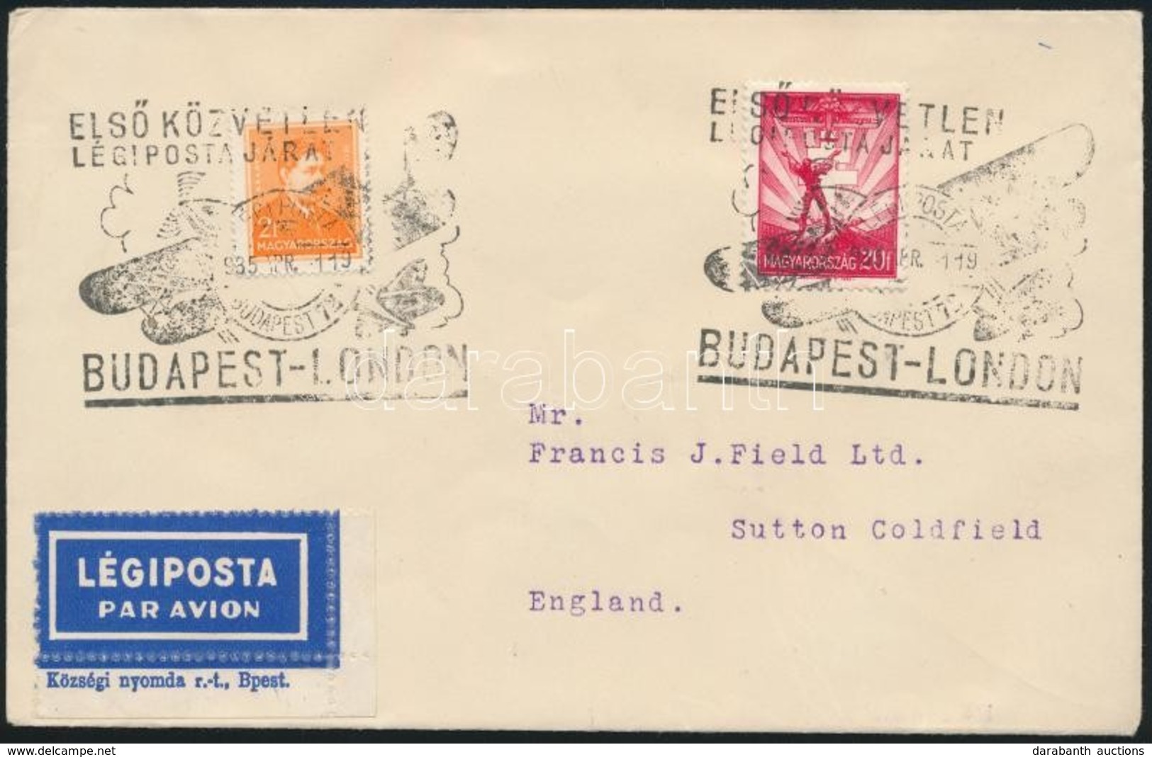 1935 Budapest-London Első Légipostajárati Levél / First Airmail Cover - Autres & Non Classés