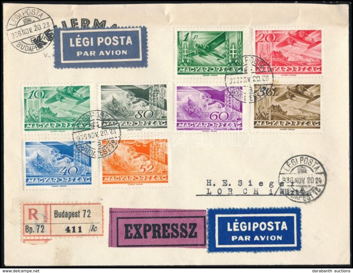 1936 Ajánlott Expressz Légi Levél Repülő értékekkel Lorchba /  Registered Express Airmail Cover To Lorch - Autres & Non Classés